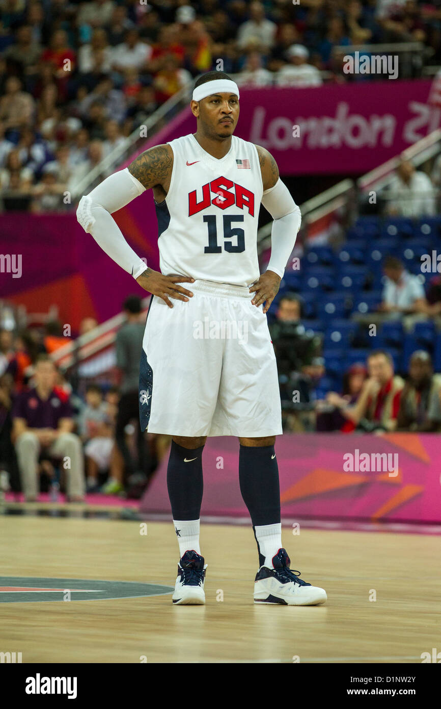 Carmelo Anthony (USA) concorrenti in la medaglia d oro di pallacanestro degli uomini di gioco presso le Olimpiadi estive di Londra, 2012 Foto Stock