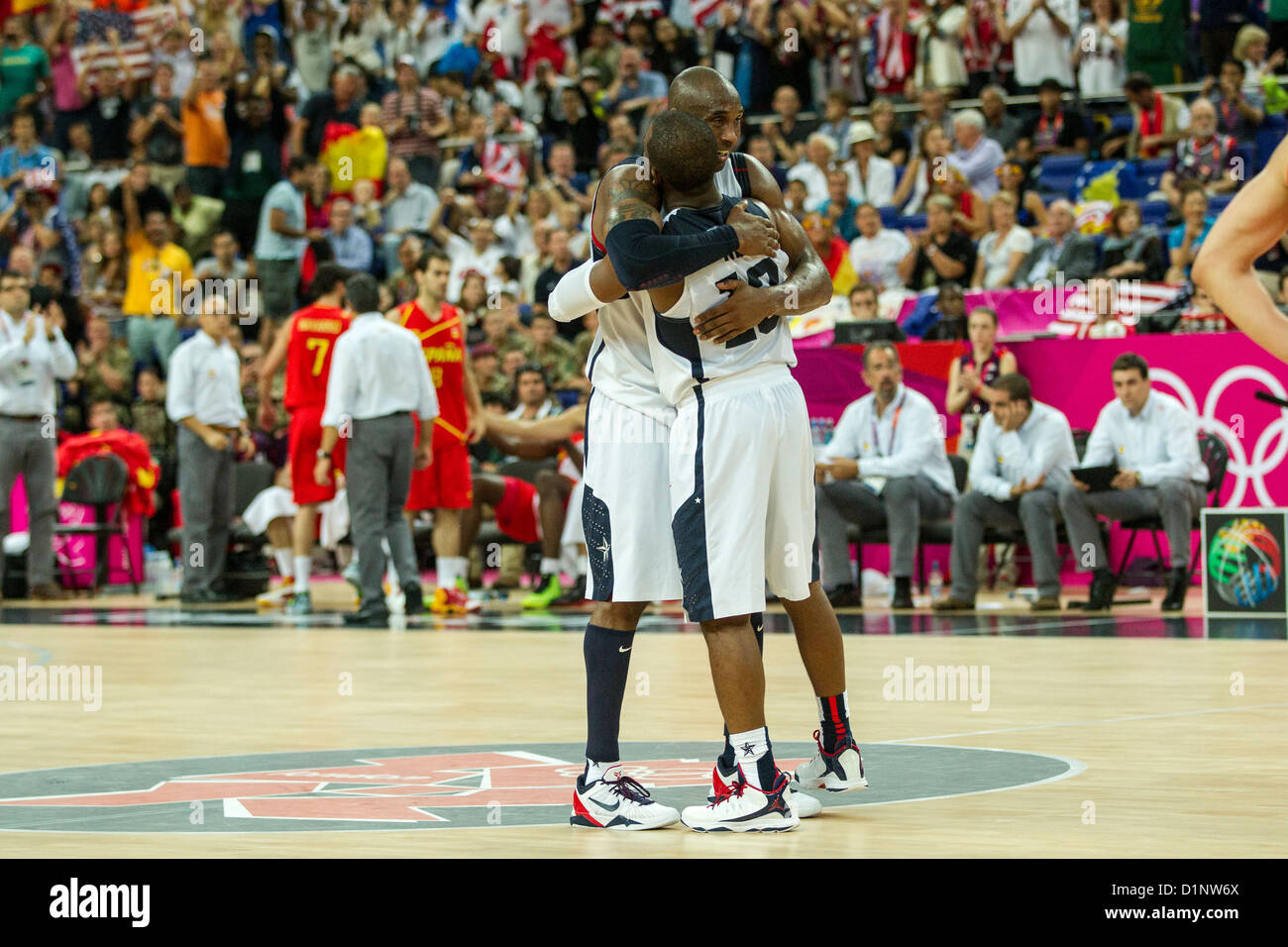 Stati Uniti d'America sconfitte in Spagna la medaglia d oro di pallacanestro degli uomini di gioco presso le Olimpiadi estive di Londra, 2012 Foto Stock