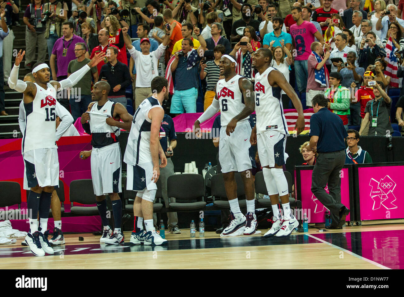 Stati Uniti d'America sconfitte in Spagna la medaglia d oro di pallacanestro degli uomini di gioco presso le Olimpiadi estive di Londra, 2012 Foto Stock