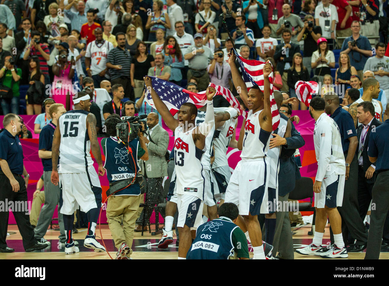 Stati Uniti d'America sconfitte in Spagna la medaglia d oro di pallacanestro degli uomini di gioco presso le Olimpiadi estive di Londra, 2012 Foto Stock