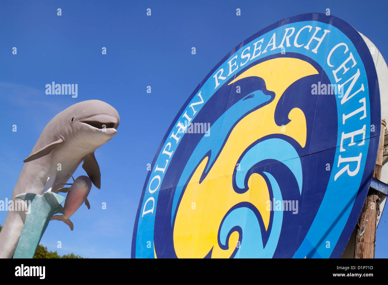 Florida Keys, US Highway Route 1 One, Overseas Highway, Grassy Key, Marathon, Dolphin Research Center, centro, cartello, ingresso, FL121125271 Foto Stock