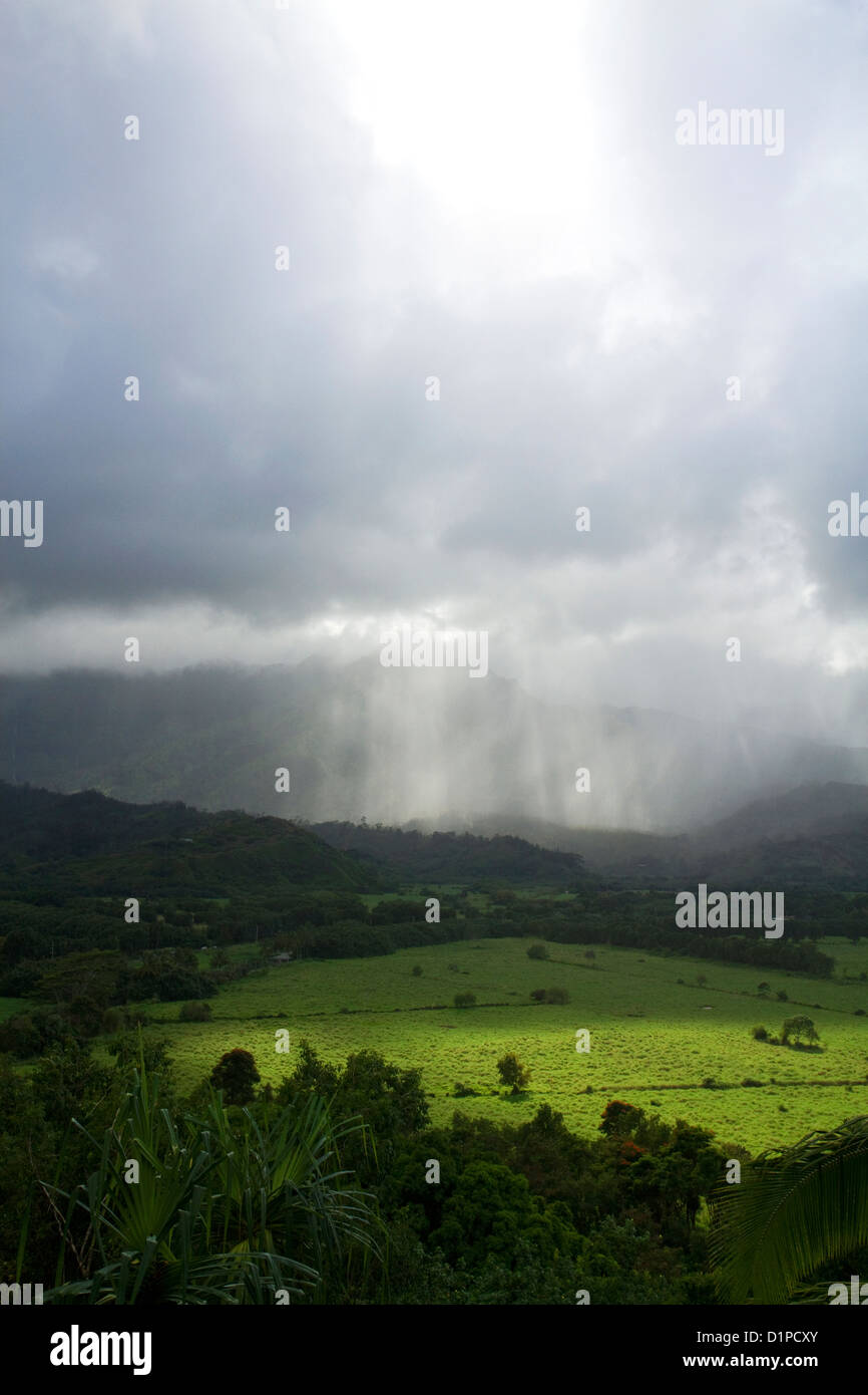 Il verde che circonda la valle di Hanalei Bay sull'isola di Kauai, Hawaii, Stati Uniti d'America. Foto Stock