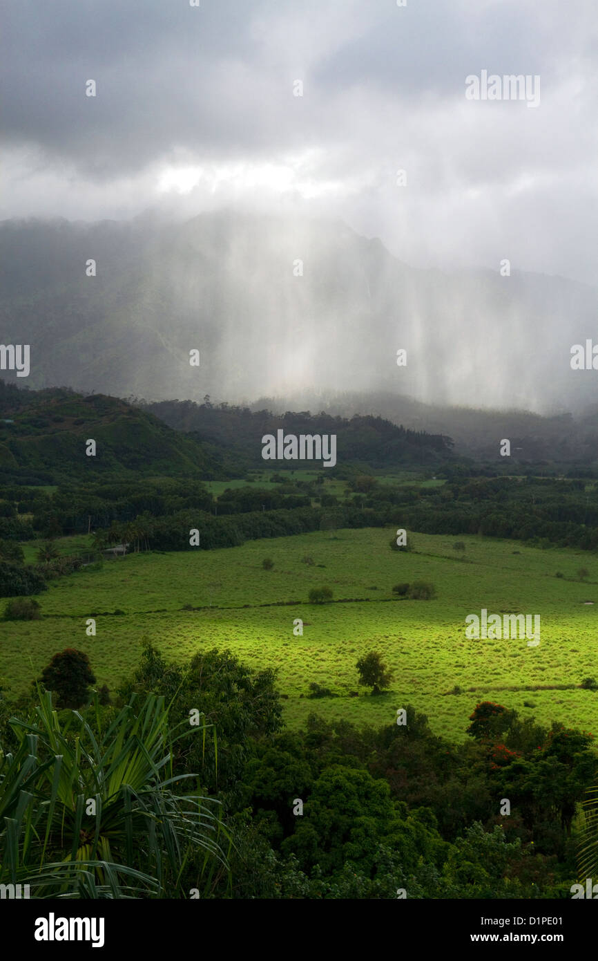 Il verde che circonda la valle di Hanalei Bay sull'isola di Kauai, Hawaii, Stati Uniti d'America. Foto Stock