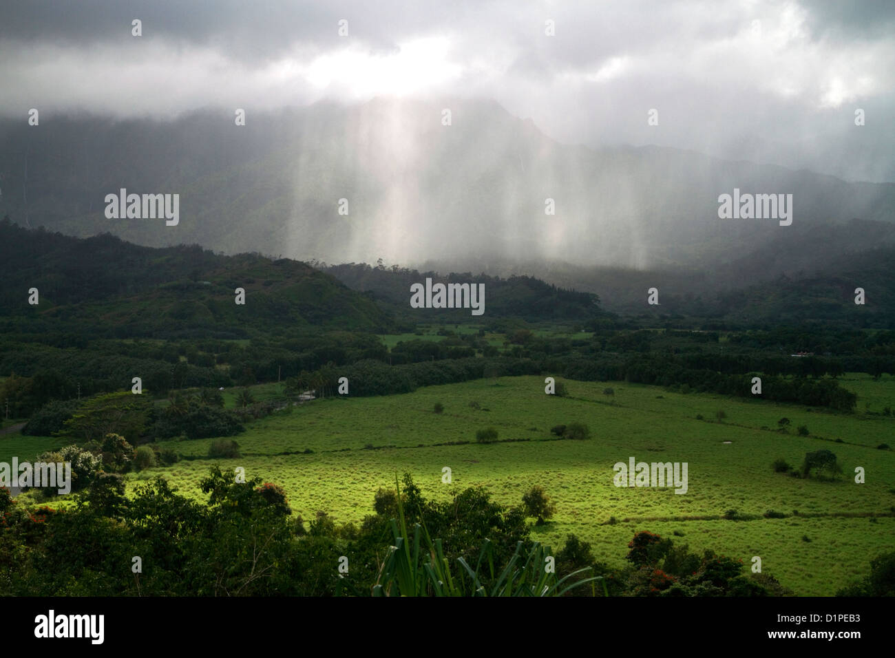 Il verde che circonda la valle di Hanalei Bay sull'isola di Kauai, Hawaii, Stati Uniti d'America. Foto Stock