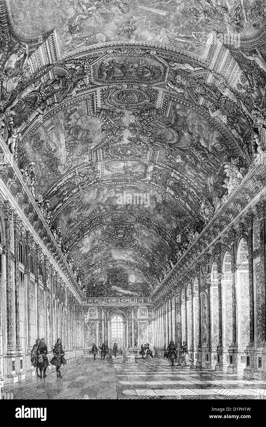 Sala degli Specchi, il Palazzo di Versailles, Parigi, Francia. Illustrazione di antiquariato, 1855 Foto Stock