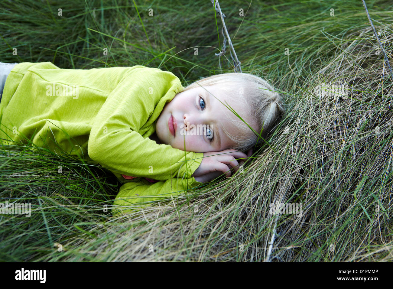 Bel bambino giacente in erba alta di prato Foto Stock