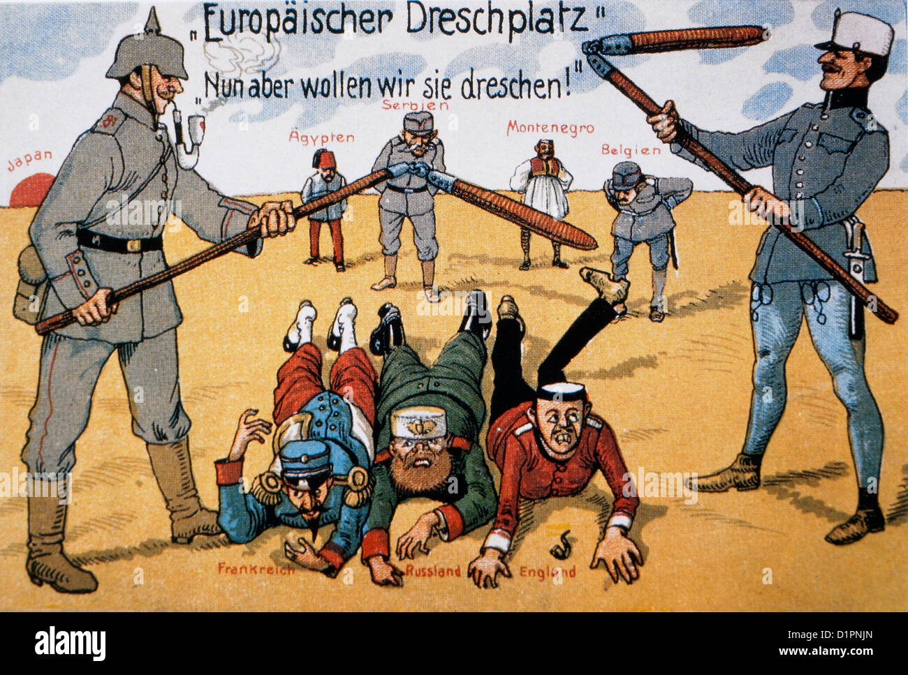 La Germania e l'Austria-Ungheria la trebbiatura le potenze alleate, Tedesco illustrazione, 1914 Foto Stock