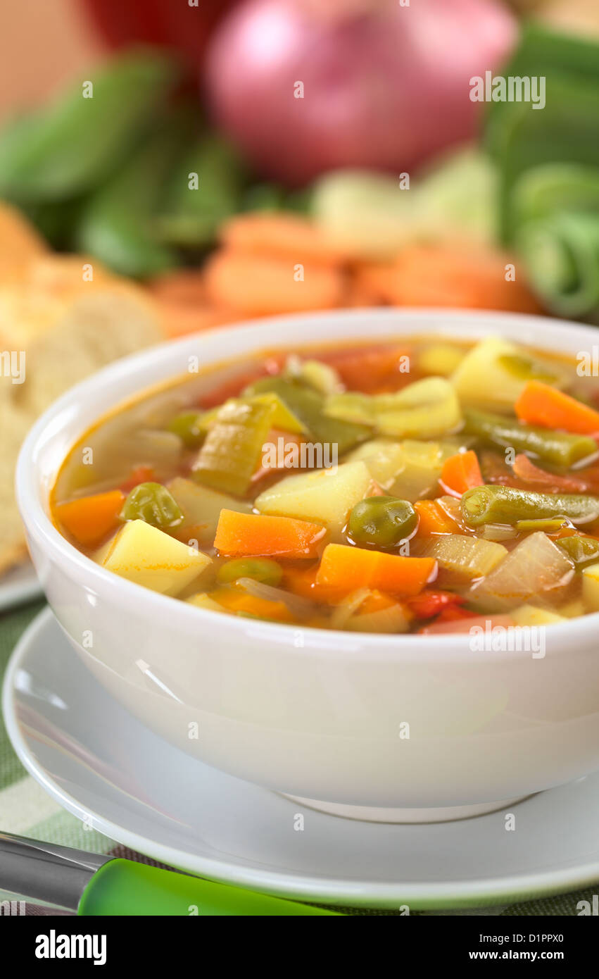 Verdura fresca zuppa di verde fagiolo, pisello, carota, patata, il peperone rosso, il pomodoro e il porro in ciotola bianco Foto Stock