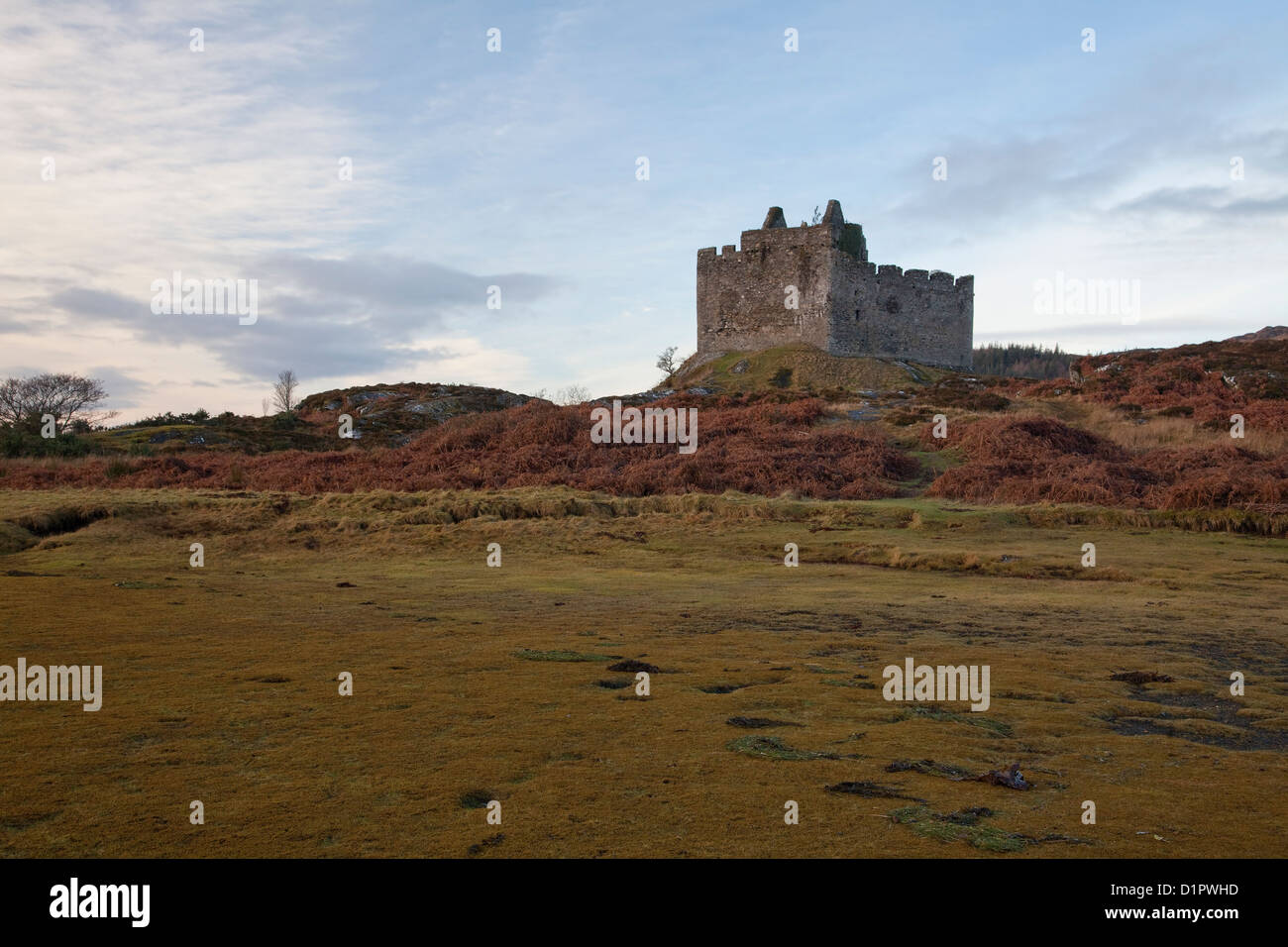 Caisteal Tioram o Dorlin rovine del castello anche il castello di secco si trova sull'isola di marea di Eilean Tioram in Loch Moidart Scozia Scotland Foto Stock