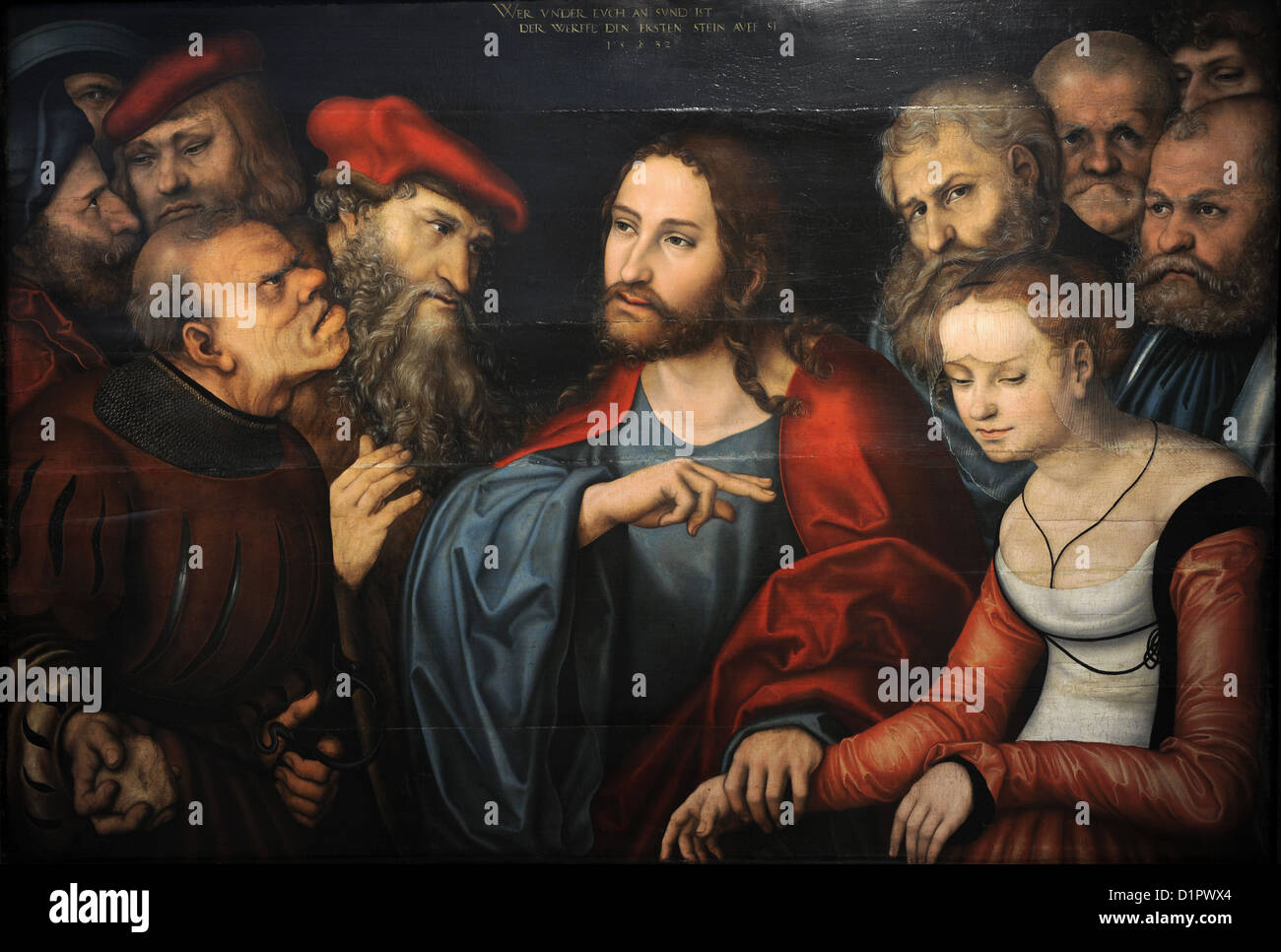 Lucas Cranach il Vecchio (1472-1553). Pittore tedesco. Cristo e la donna adultera. Museo di Belle Arti. Budapest. Ungheria. Foto Stock