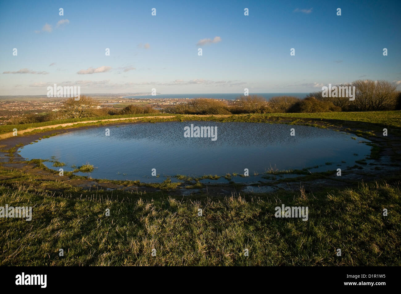 Round stagno di rugiada sulle colline vicino a Eastbourne, East Sussex, Regno Unito Foto Stock