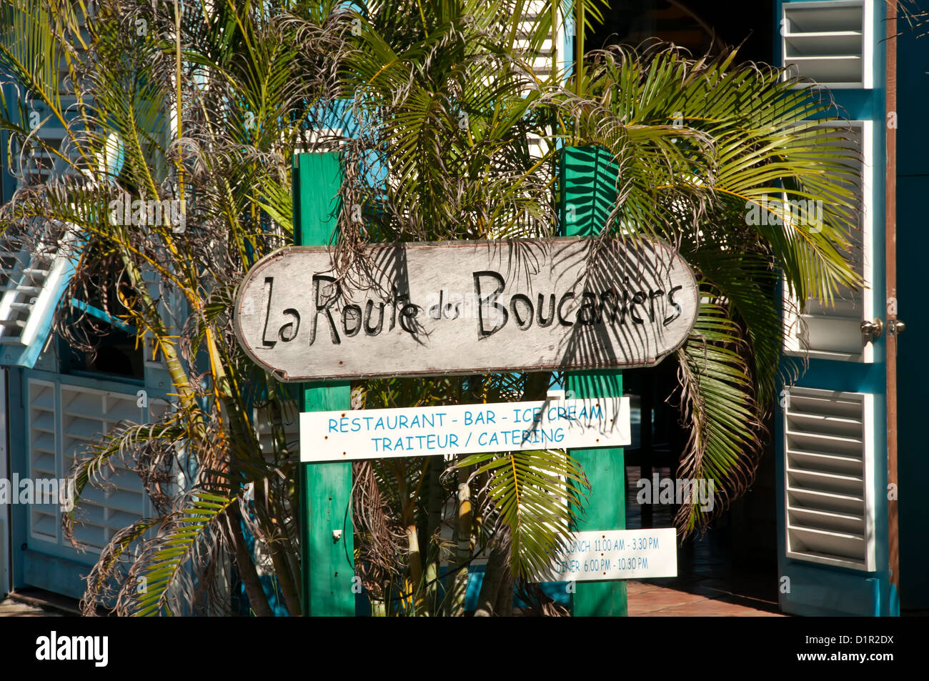 Primo piano del ristorante, bar e gelaterie segno, Gustavia, Saint-Barthelemy Foto Stock