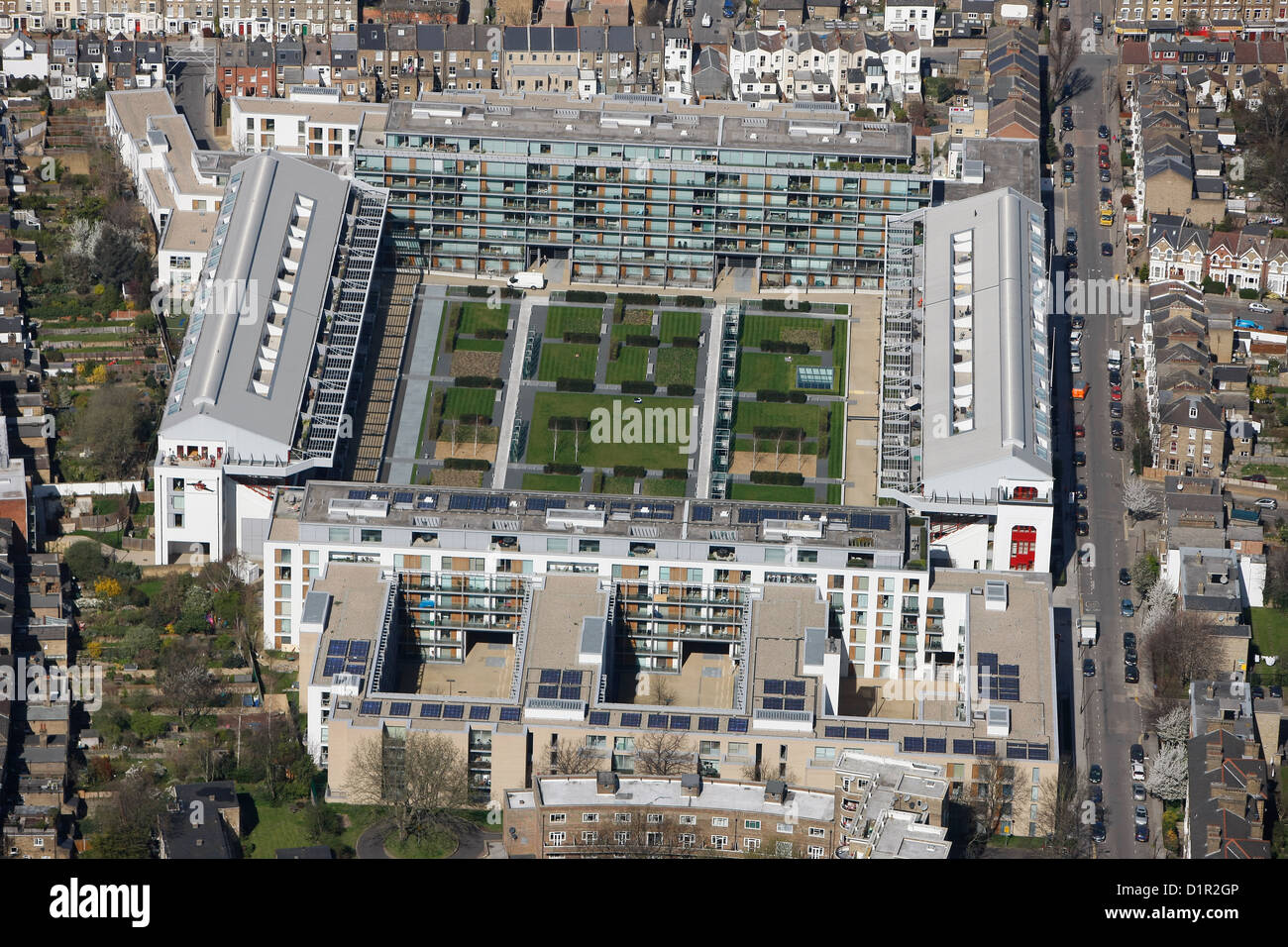 La fotografia aerea mostra di Highbury Stadium sviluppato in appartamenti Foto Stock