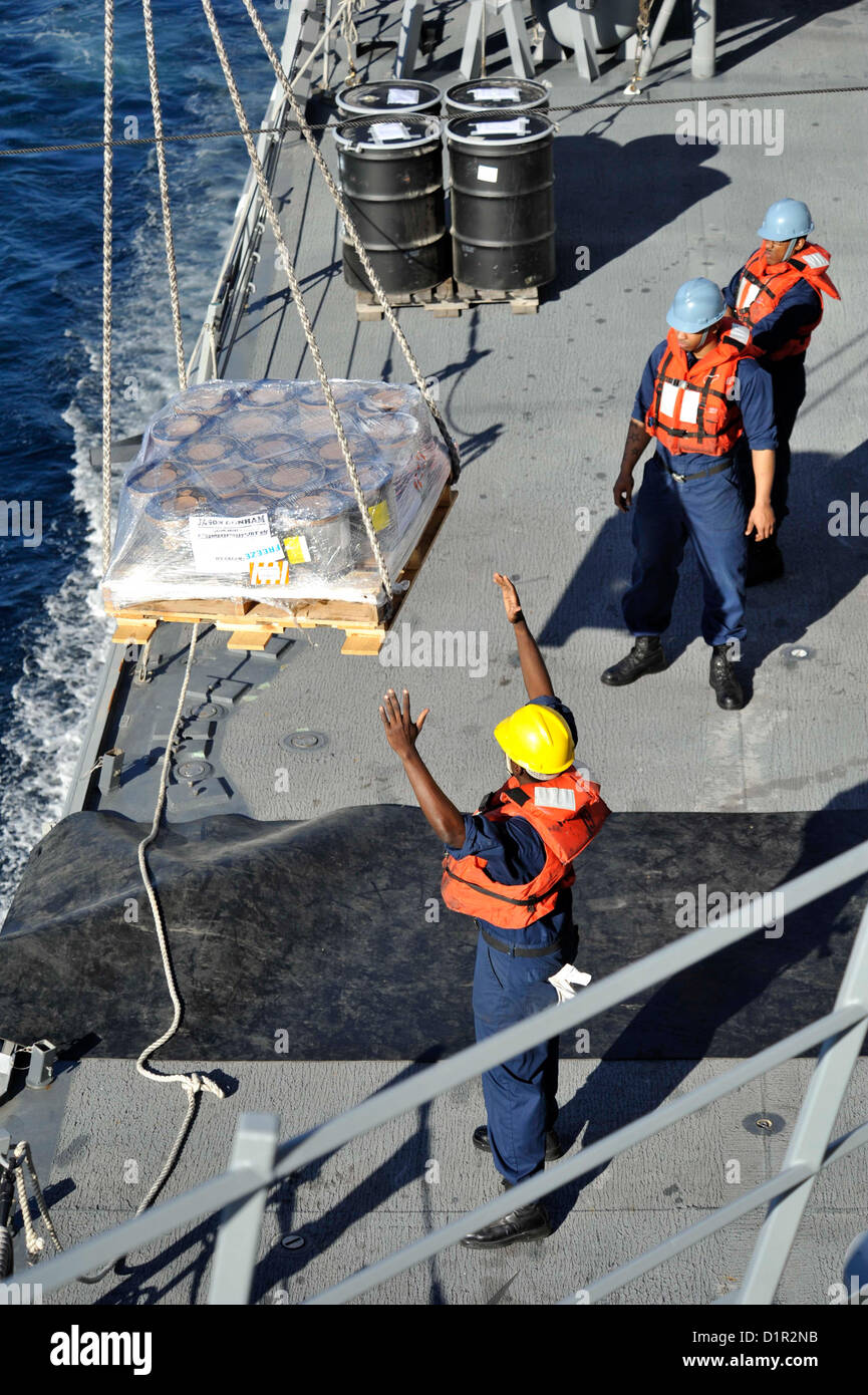 Stati Uniti 5TH FLOTTA AREA DI RESPONSABILITÀ (GEN. 2, 2013) - Cmdr. Michael Meredith, centro, comandante della guidato-missile destroyer USS Jason Dunham (DDG 109), e altri marinai osservare un rifornimento in mare con la forza militare di comando Sealift flotta oliatore di rifornimento USNS Joshua Humphreys (T-AO 188). Jason Dunham è distribuito con il John C. Stennis Strike gruppo per gli Stati Uniti Quinta Flotta area di responsabilità condurre le operazioni di sicurezza marittima, teatro la cooperazione in materia di sicurezza gli sforzi e le missioni di sostegno per l'Operazione Enduring Freedom. (U.S. Navy foto di comunicazione di massa Specialist 2n Foto Stock