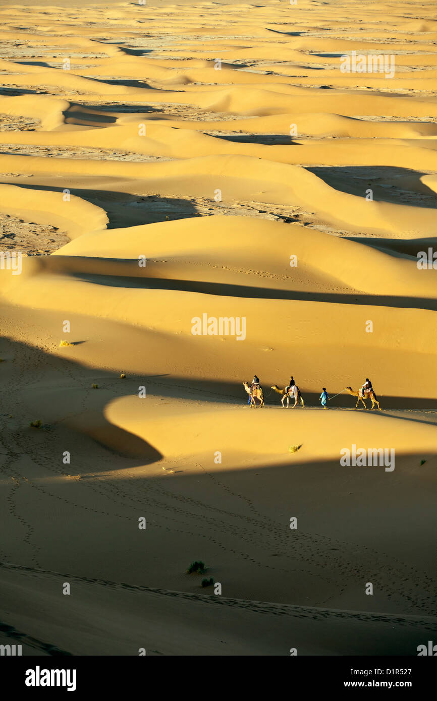 Il Marocco, M'Hamid, Erg Chigaga dune di sabbia. Deserto del Sahara. I turisti a dorso di cammello sulle dune di sabbia. Foto Stock