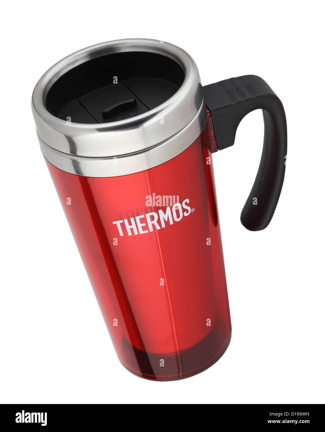 Thermos rosso corsa isolata o desktop mug isloated su bianco backgoround Foto Stock