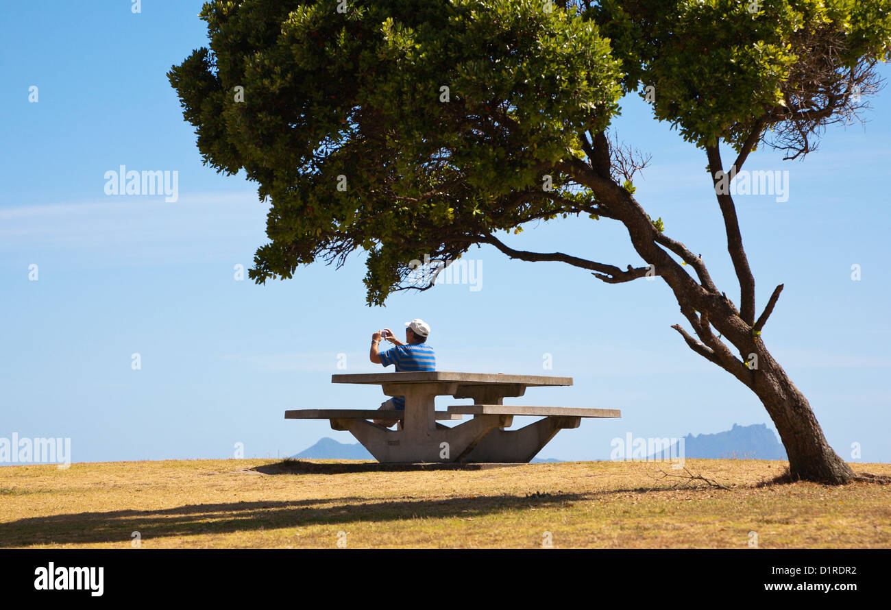 Un uomo seduto a un tavolo da picnic per fotografare. Waipu beach, Northland e North Island, Nuova Zelanda Foto Stock