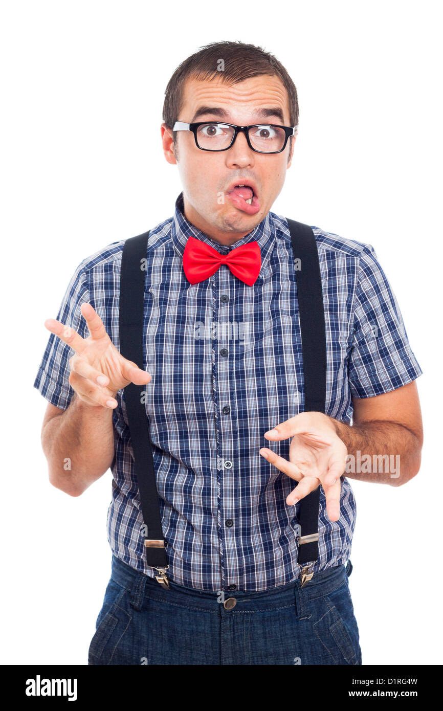Ritratto di crazy nerd uomo rendere divertente faccia, isolati su sfondo bianco. Foto Stock