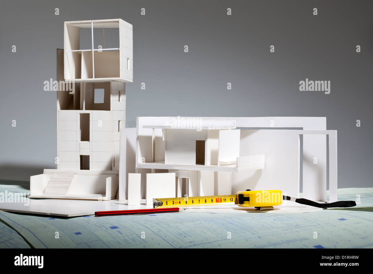 Modello architettonico e di altri articoli di cancelleria il blueprint Foto Stock