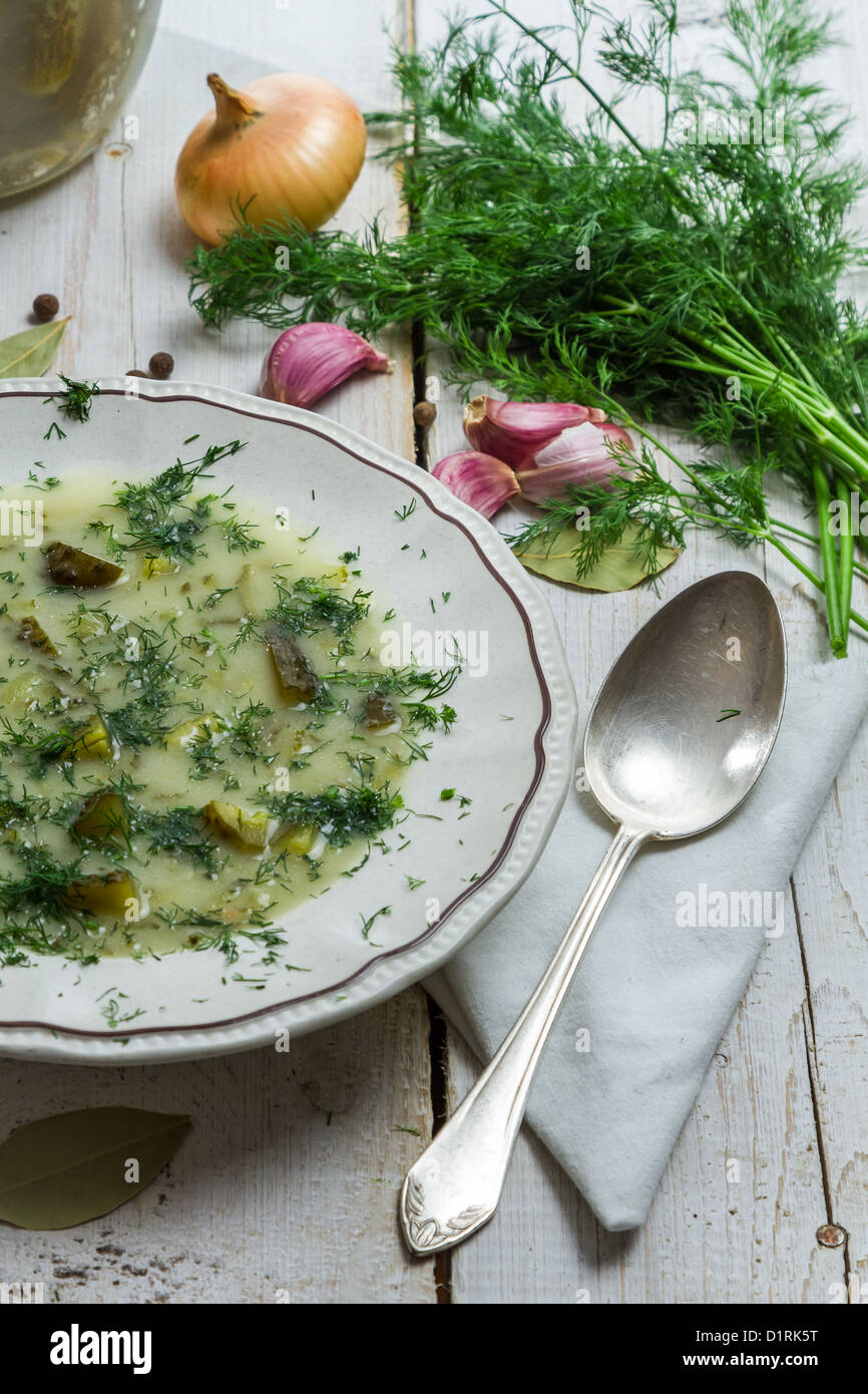 Piastra tradizionale di zuppa di cetriolo con aneto Foto Stock