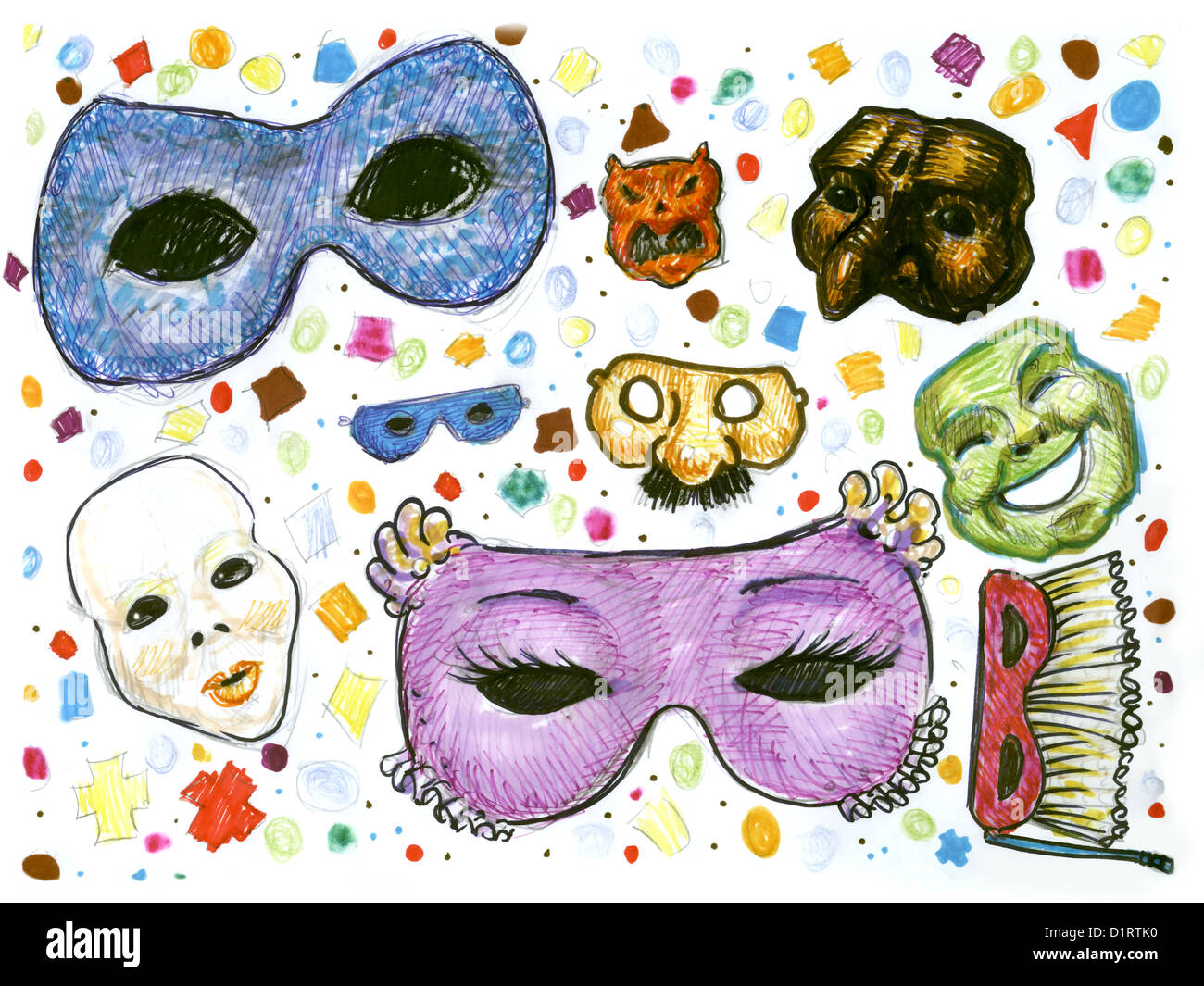 Colorate maschere di carnevale. Fatto a mano disegno Foto stock - Alamy