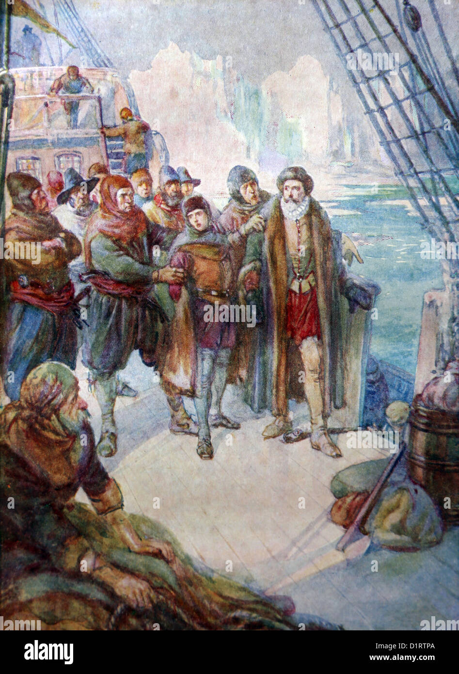 Illustrazione dei rivoltosi sulla nave scoperta cogliendo Henry Hudson Foto Stock