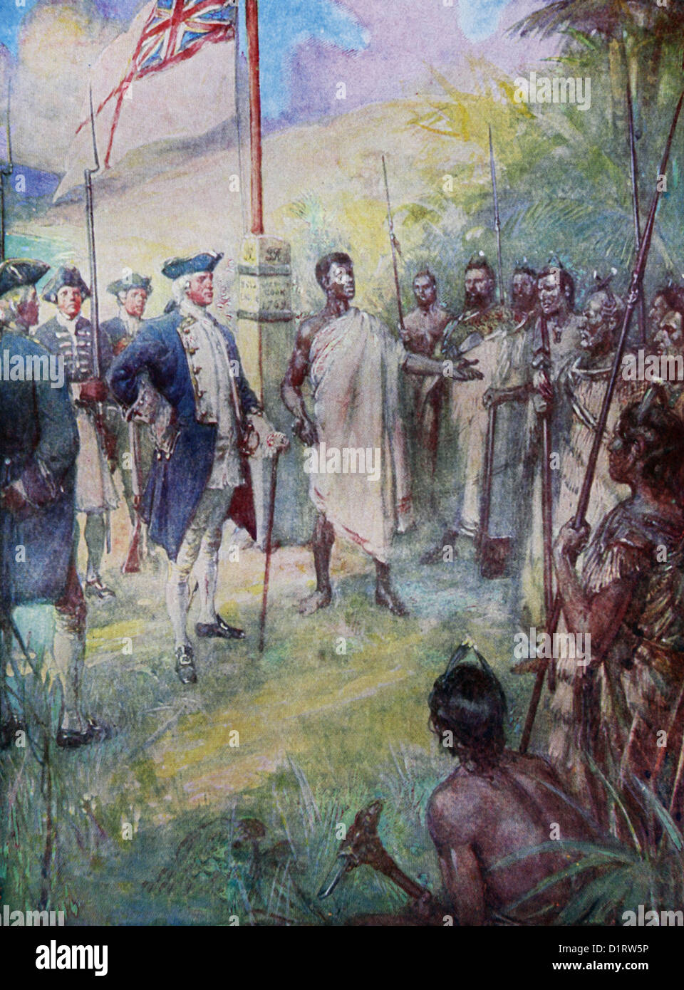 Illustrazione del capitano James Cook che rivendicano la terra in nome del Re nell'Isola del Sud della Nuova Zelanda Foto Stock