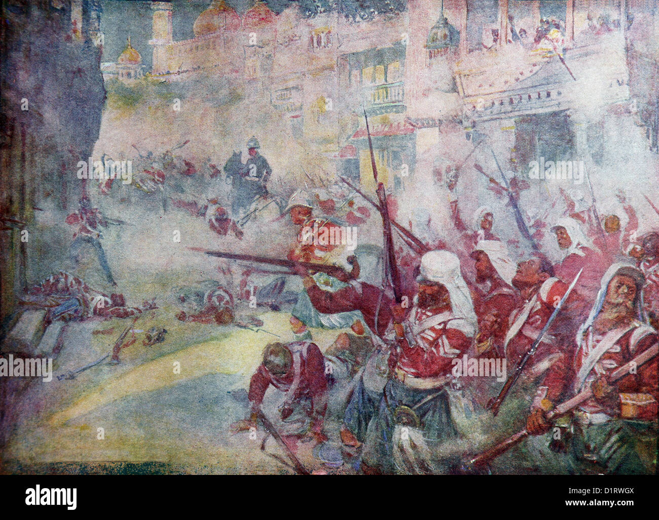 Illustrazione di soldati britannici combattendo il loro modo attraverso le strade all'Assedio di Lucknow Foto Stock