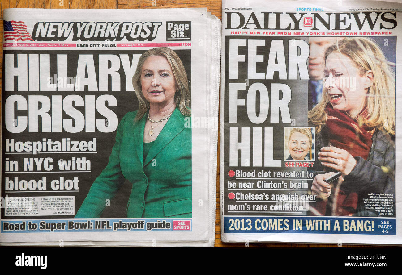 Quotidiani relazione sull'ospedalizzazione del Segretario di Stato Hillary Clinton con un coagulo di sangue Foto Stock