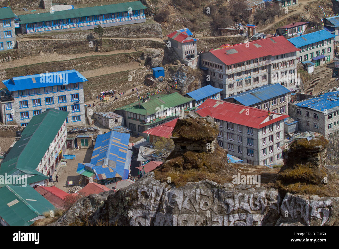 Lo Sherpa città di Namche Bazaar in Khumbu, in Nepal, in Asia Foto Stock