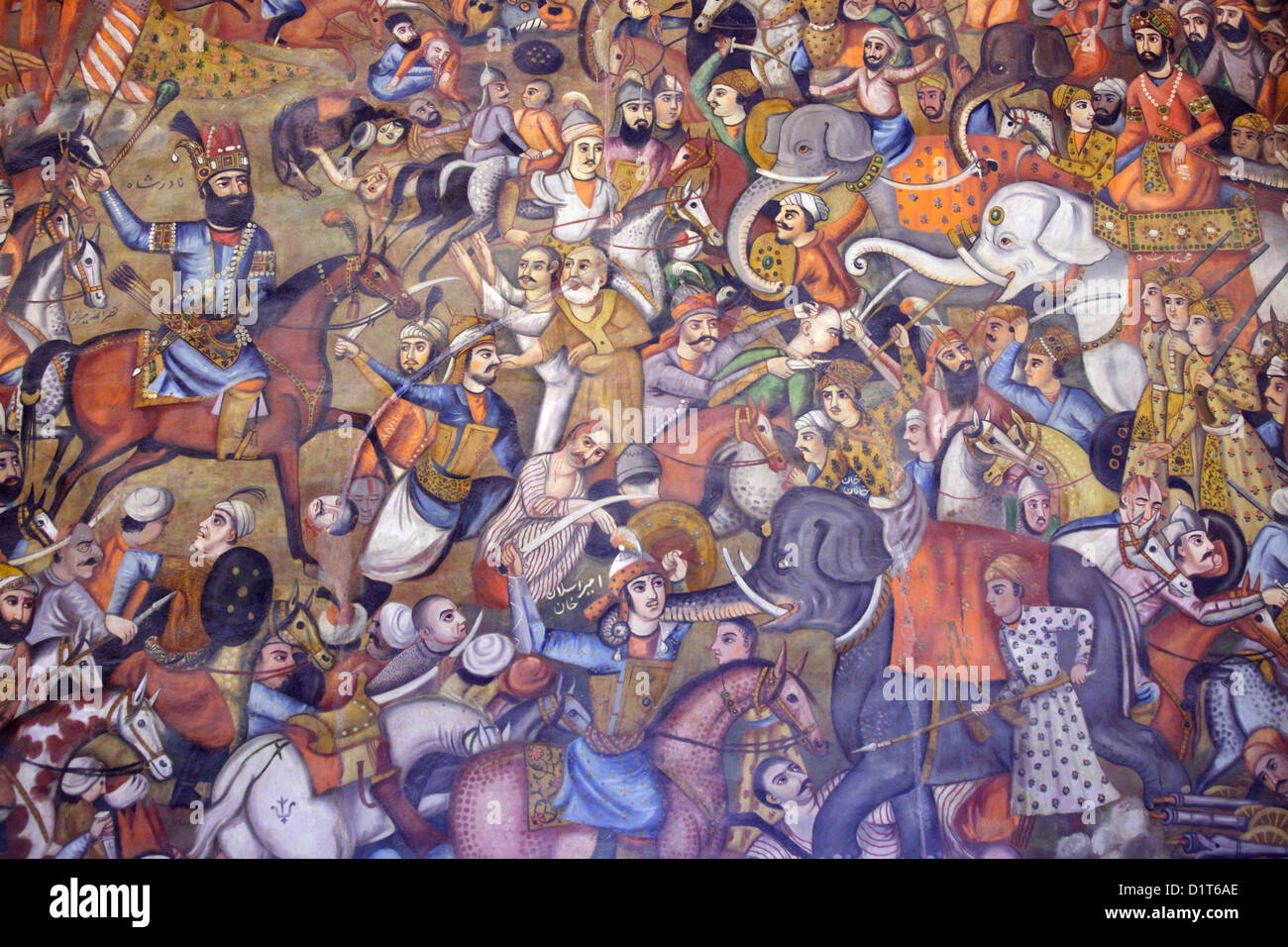 Affresco di Chehel Sotoun palazzo della Karnal battaglia tra Nader Shah Afshar e Mohammad Shah Gurkani, Isfahan, Iran Foto Stock