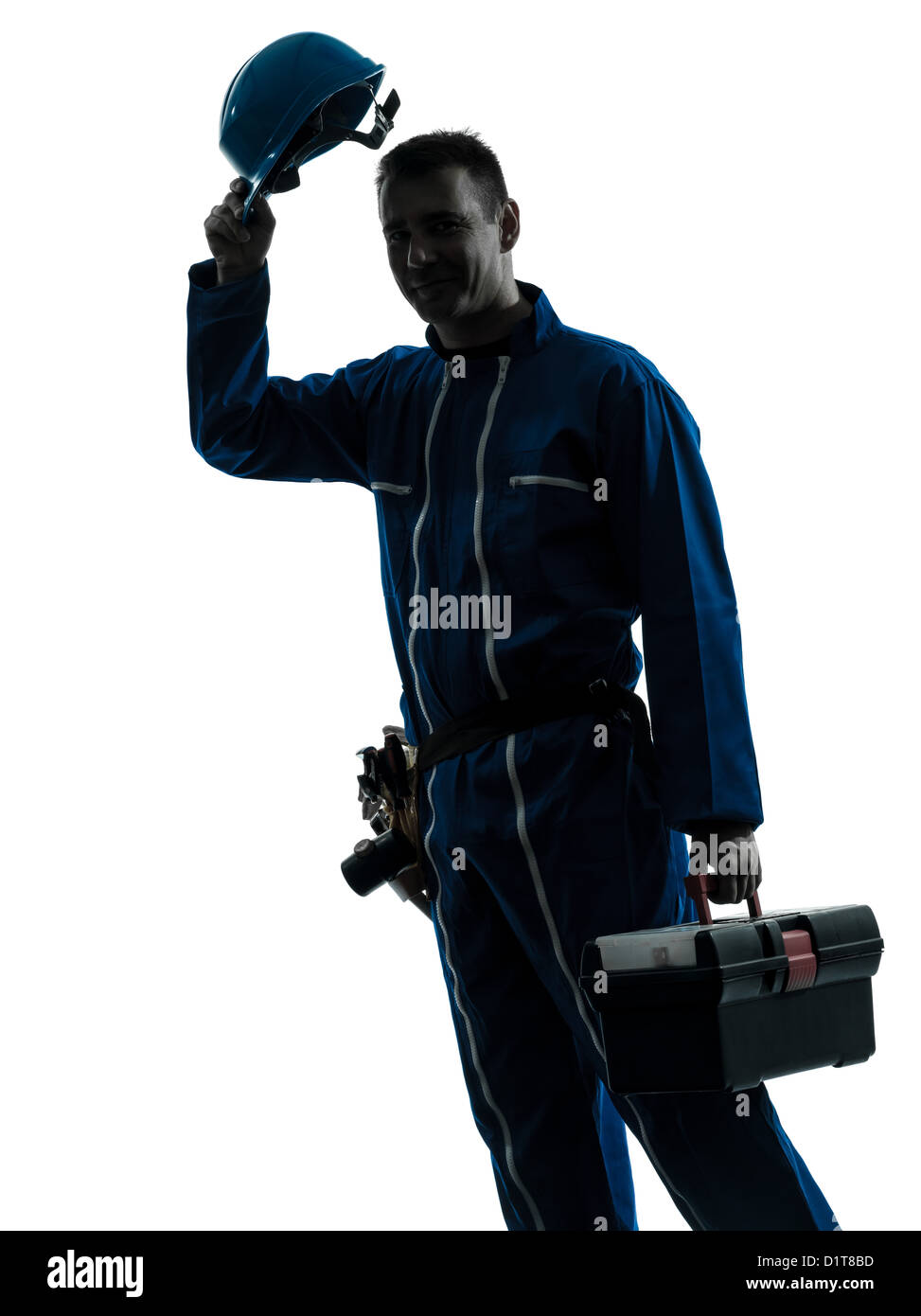 Un aggiustatore lavoratore salutando silhouette in studio su sfondo bianco Foto Stock
