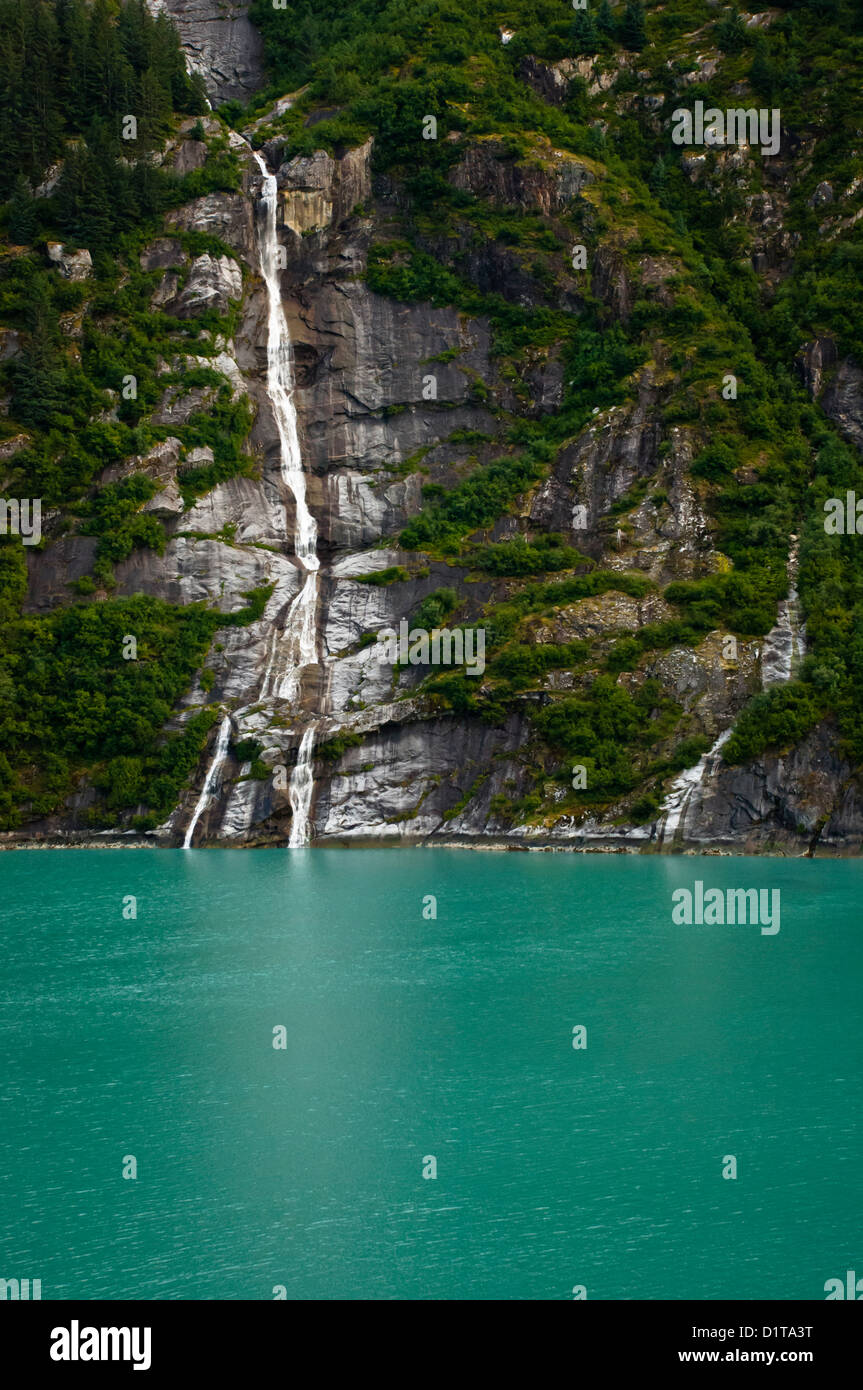 La cascata si tuffa nel Tracy Arm Fjord, Tongass National Forest, Alaska, STATI UNITI D'AMERICA Foto Stock