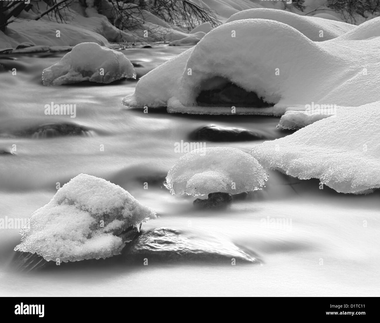 Neve sulle rocce in un ruscello che scorre Foto Stock