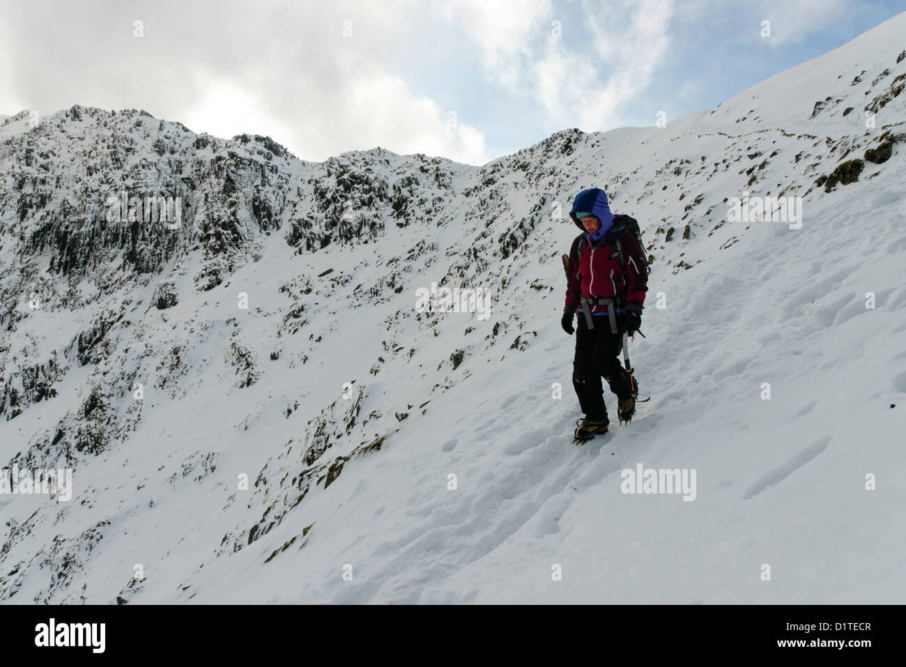 Un hillwalker su Snowdon in condizioni invernali Foto Stock