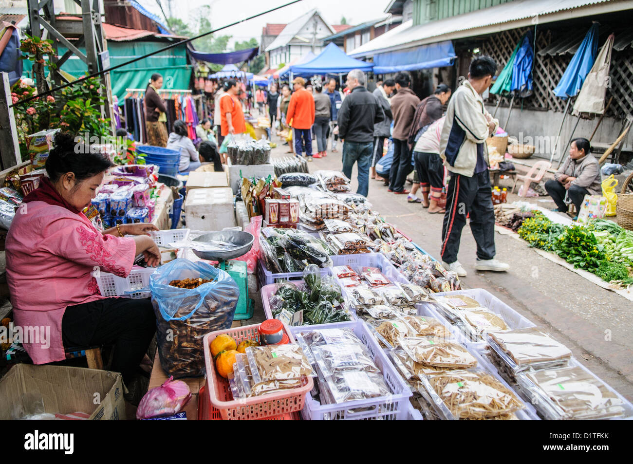 Mercato mattutino cibo e prodotti Luang Prabang Laos // LUANG PRABANG, Laos - Un mercato mattutino a Luang Prabang mostra prodotti freschi, prelibatezze locali e prodotti tradizionali. Il mercato presenta colorate schiere di frutta, verdura, erbe aromatiche e piatti tipici della cucina laotiana. Luang Prabang, patrimonio dell'umanità dell'UNESCO dal 1995, è l'ex capitale reale del Laos e rimane un importante centro culturale nel nord del Laos. La città si trova alla confluenza dei fiumi Mekong e Nam Khan nella provincia di Luang Prabang. Mercati tradizionali come questo riflettono il commercio quotidiano e la cultura alimentare Foto Stock