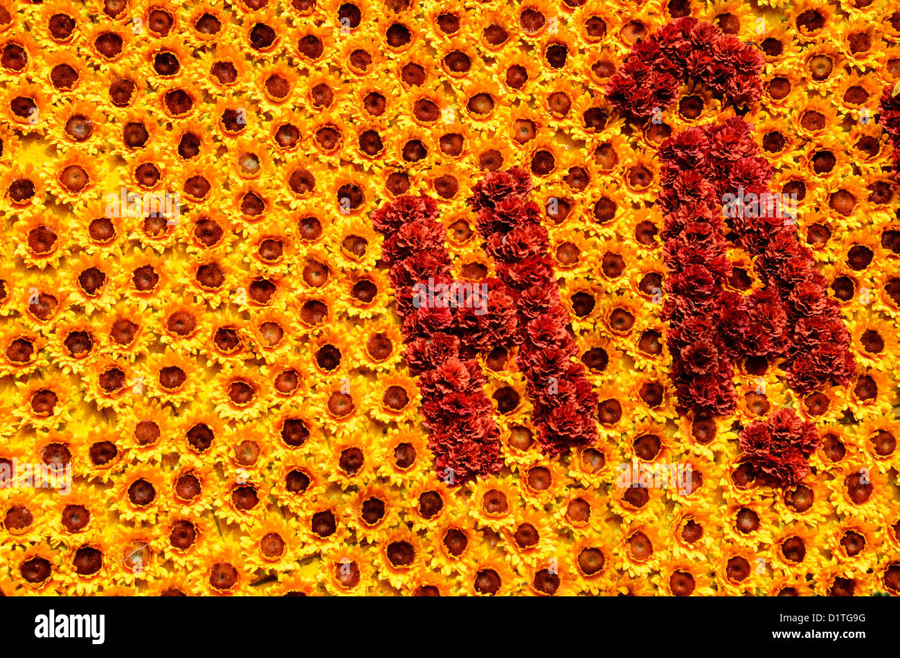 Tempio della Letteratura segno di fiori Hanoi Vietnam // HANOI, Vietnam - centinaia di fiori gialli e rossi sono utilizzati per dare il benvenuto ai visitatori del Tempio della Letteratura di Hanoi. Il tempio fu costruito nel 1070 ed è uno dei numerosi templi del Vietnam dedicati a Confucio, saggi e studiosi. Foto Stock