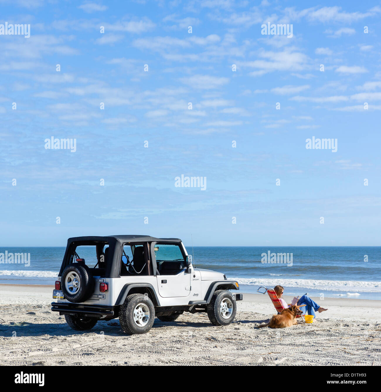 Giovane donna e il suo cane seduto da una Jeep Wrangler, Seaside Park Beach, Fernandina Beach, Amelia Island, Florida, Stati Uniti d'America Foto Stock