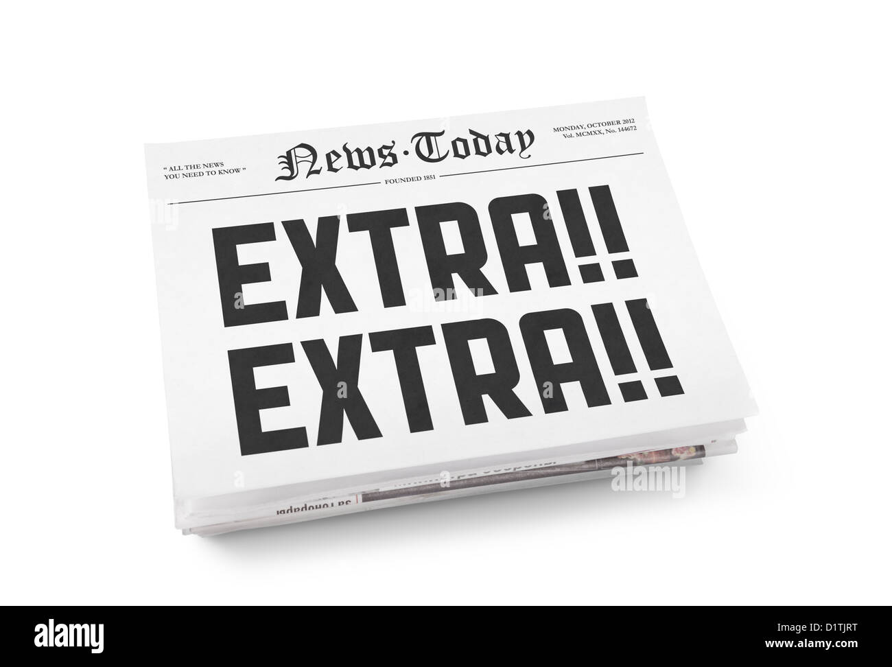 Una pila di quotidiani con il titolo 'Extra Extra'. Isolato su bianco. Foto Stock
