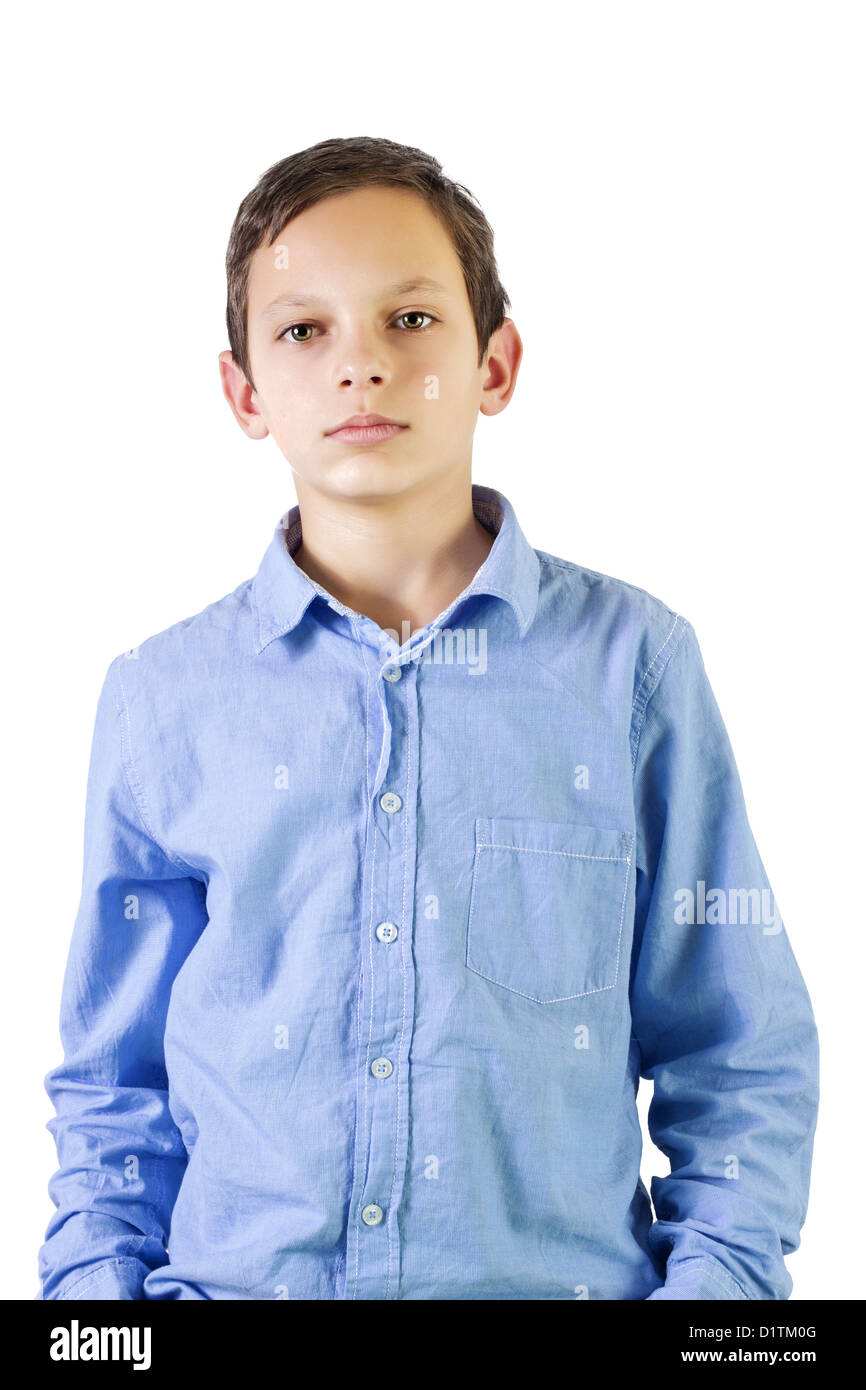 Preteen boy ritratto su sfondo bianco Foto Stock