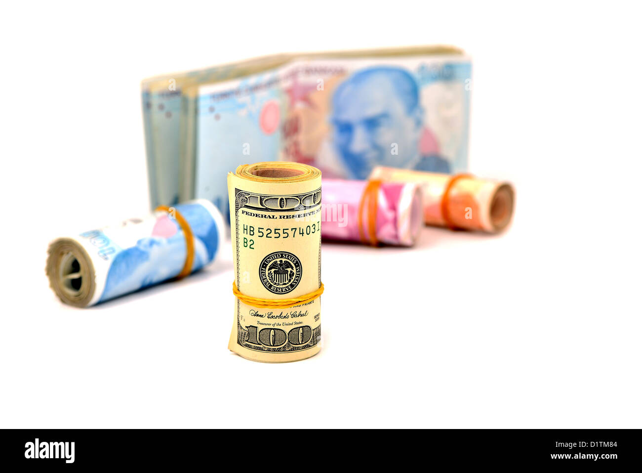 Il denaro, dollari, turco denaro isolato su sfondo bianco Foto Stock