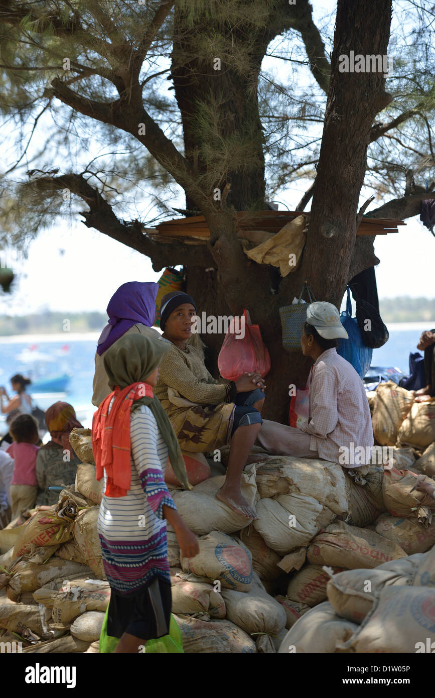 Una famiglia indonesiana poggia sui sacchi di cemento sotto un albero in l'isola di Gili Trawangan; Lombok, Indonesia. Foto Stock