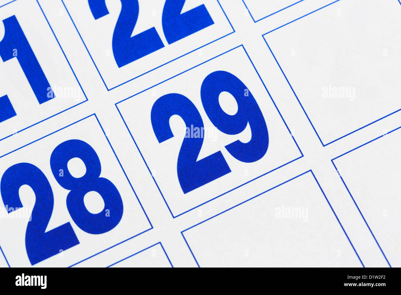 Primo piano dell'ultimo giorno in un calendario che mostra il 29th giorno del mese di febbraio in un anno bisestile 2016 o 2020 Foto Stock