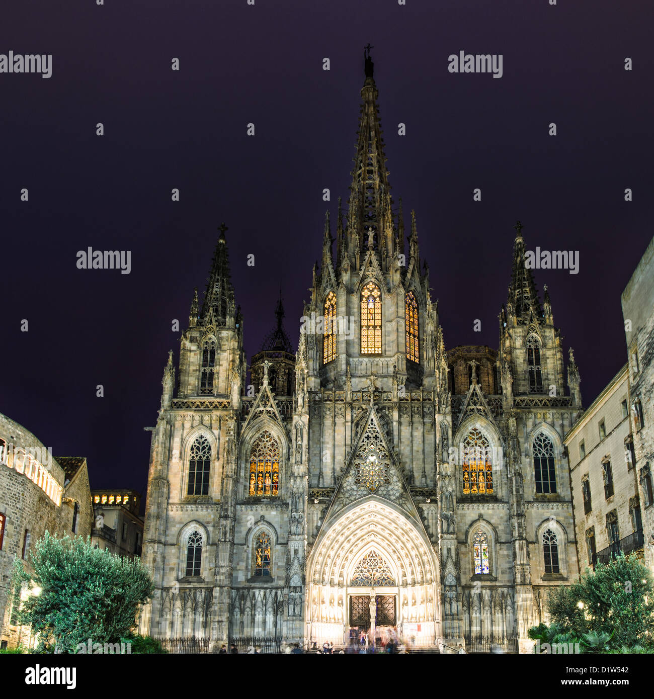 La gotica Cattedrale di Barcellona di notte, Spagna Foto Stock