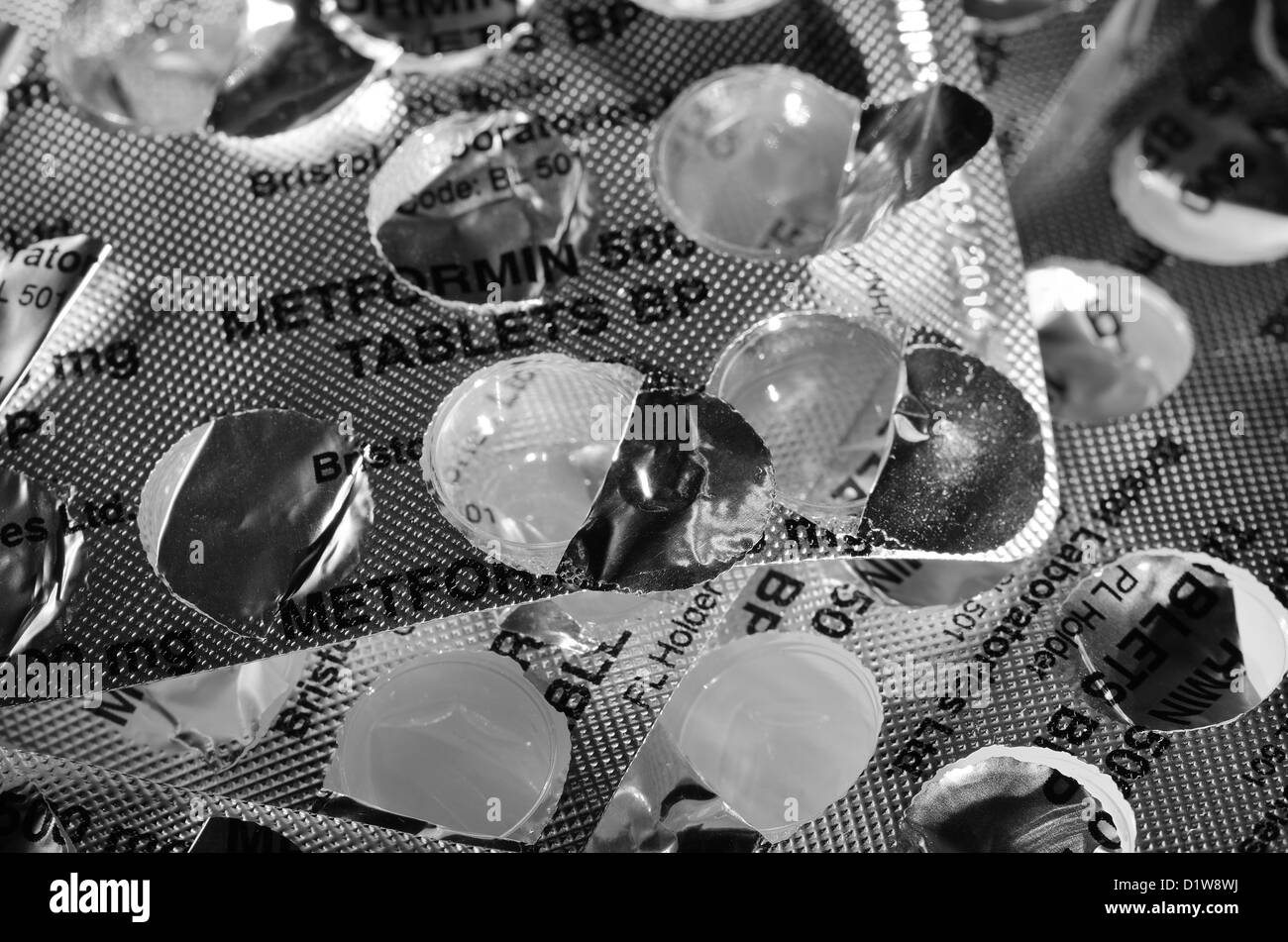 Utilizzato vuoto aperto blister medica pacchetti di metformina 500 mg compresse pillola quasi in bianco e nero in alluminio argentato per il diabete Foto Stock