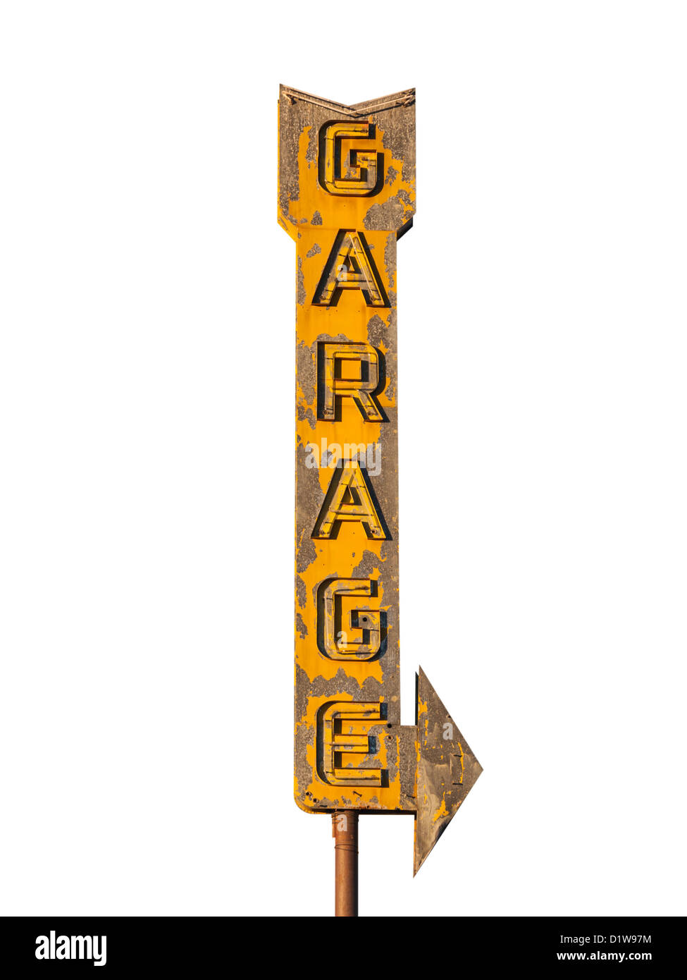 Vintage garage al neon segno di freccia isolata con percorso di clipping. Foto Stock