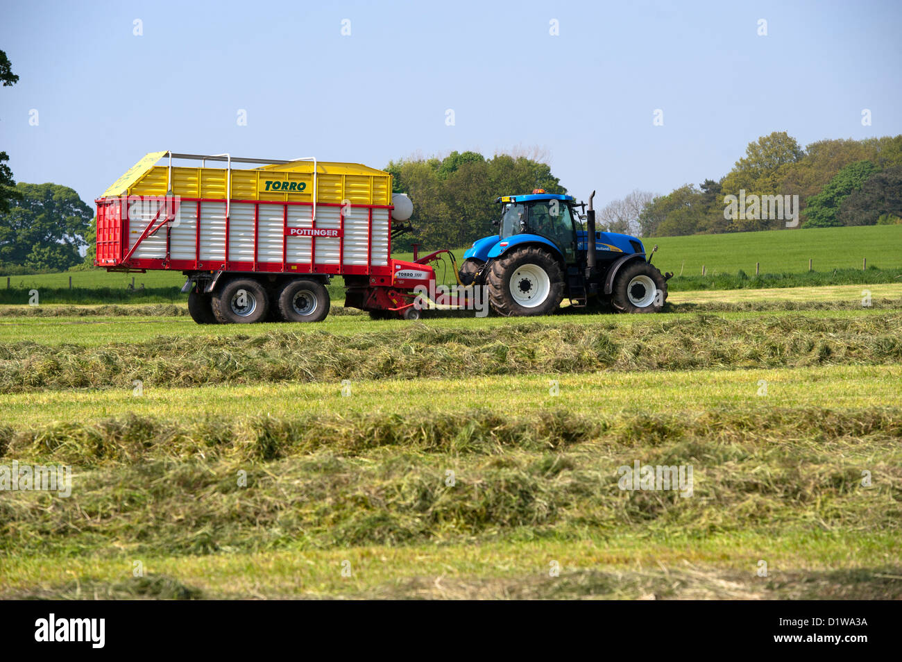 Il prelievo di erba di prato utilizzando un Pottinger rimorchio per il foraggio e trattore New Holland. Northumberland, Regno Unito Foto Stock