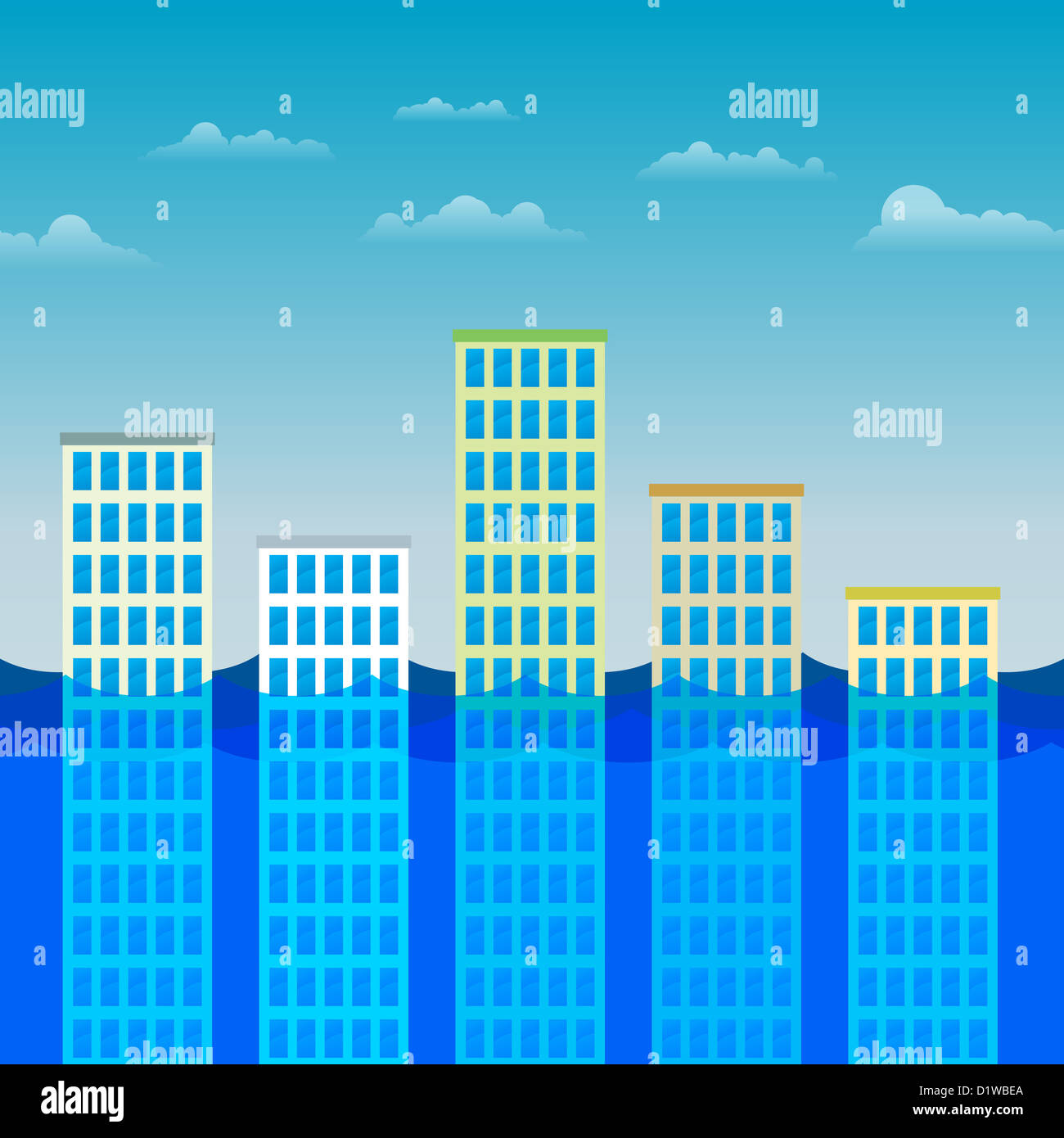 Illustrazione Vettoriale di vari edifici per uffici parzialmente sommerso dall'acqua. Foto Stock