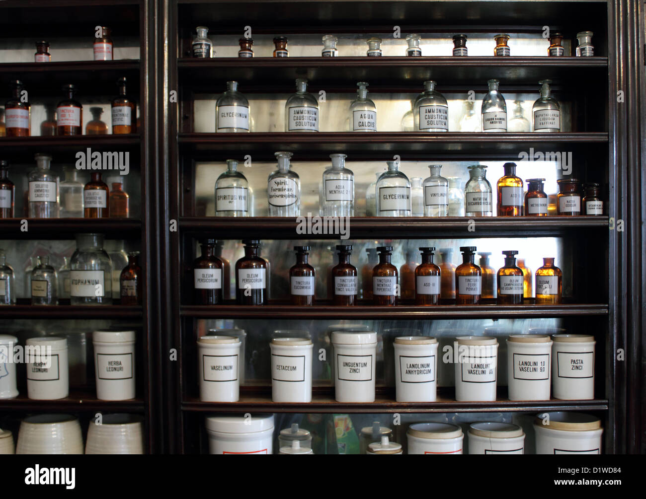 Scaffale con medicinali, il Museo della farmacia, Lutsk, Ucraina Foto Stock