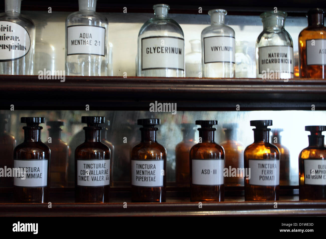Scaffale con medicinali, il Museo della farmacia, Lutsk, Ucraina Foto Stock